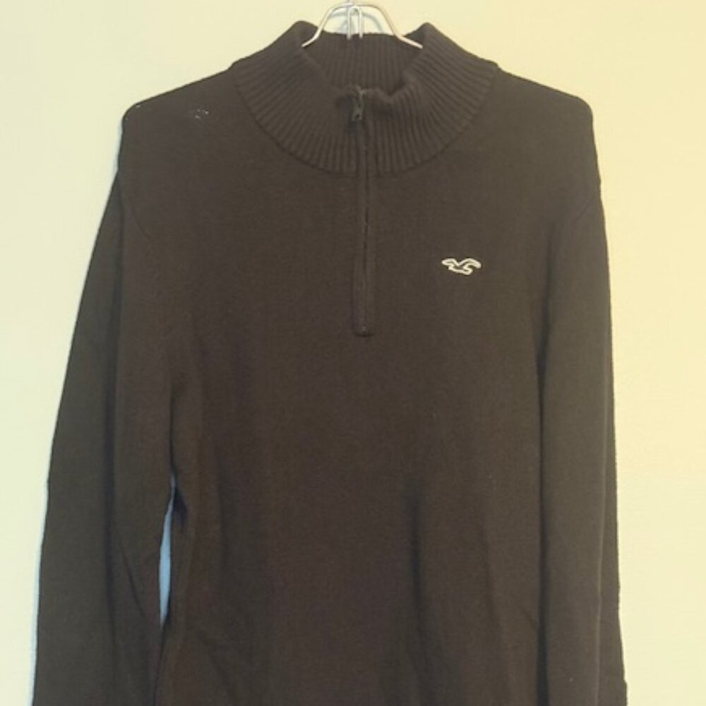 Hollister Black Quarter Zip Pullover Sweater Mock Neck Ribbed Knit Medium - Picture 2 of 9